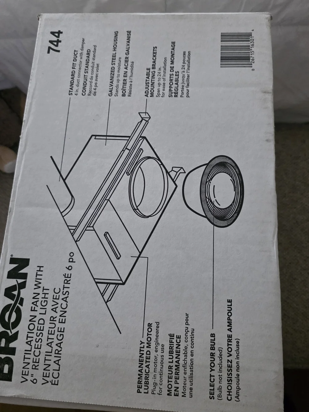 744 White Recessed Bath Fan with Light New In Sealed Box